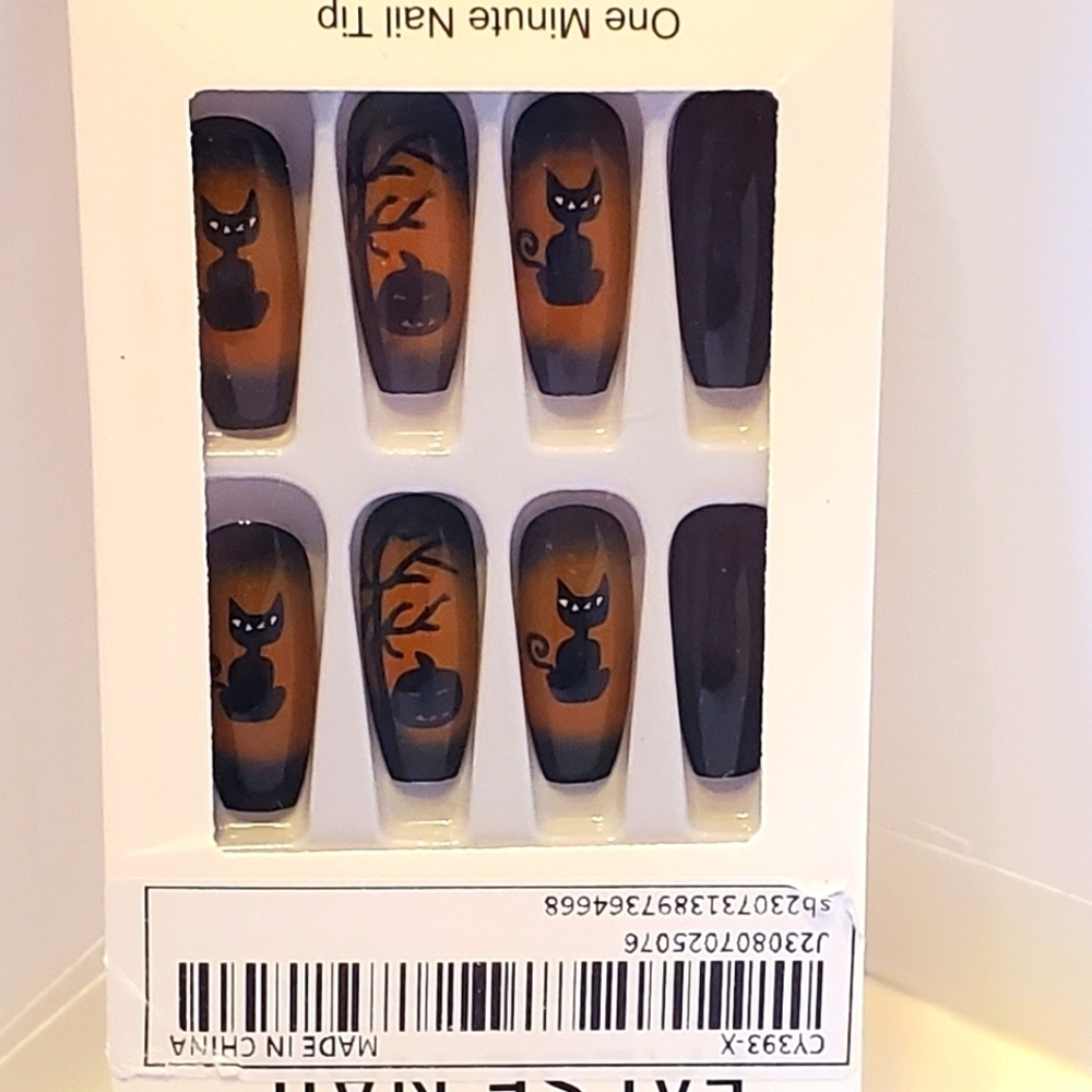 Halloween Cat Pumpkin Press On Nails Orange Black Coffin